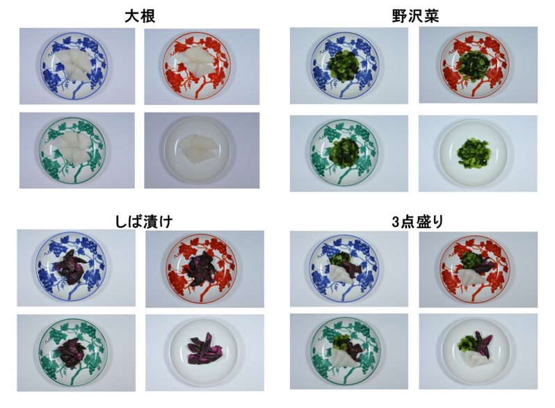 図1 異なる色の絵柄皿に漬物を盛り付けた様子
